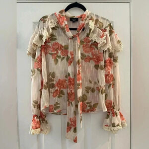 Vici Floral Neck Tie Blouse Metallic Ruffle Bell Sleeve Small